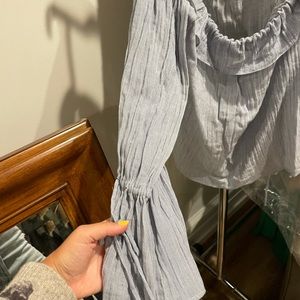 CLUB MONACO OFF THE SHOULDER SHIRT BLUE WITH FLARE SLEEVES